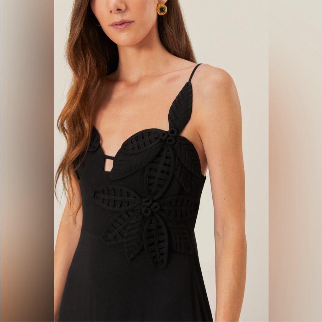 Farm Rio Black Flowered Bust Midi Dress - Color Black - Size Xs Extra Small
